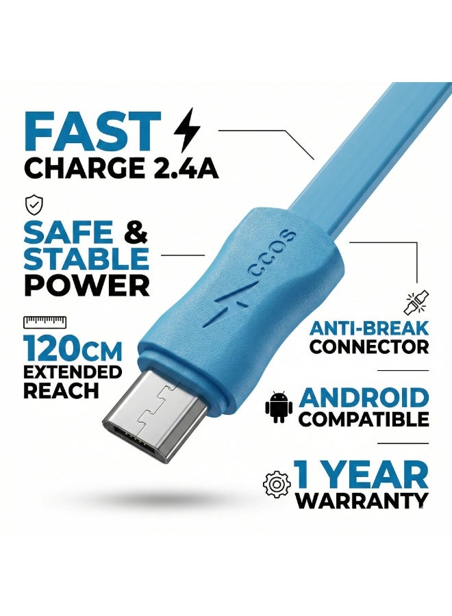 بيكوس كابل شحن سريع BECCOS USB إلى مايكرو USB بطول 120 سم – قدرة 2.4 أمبير نقل بيانات سريع، تصميم متين مرن – أزرق - Image 1